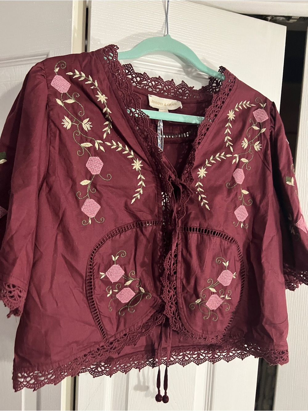 Embroidered Burgundy Women's Blouse with Lace Trim - Picture 5 of 10
